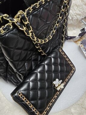 Black Quilted Chain-Accent Shoulder Bag and Wallet